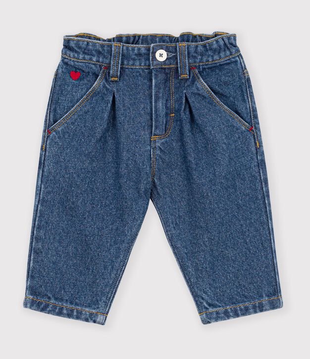Pantal&oacute;n denim liso con bordado de coraz&oacute;n para beb&eacute; azul