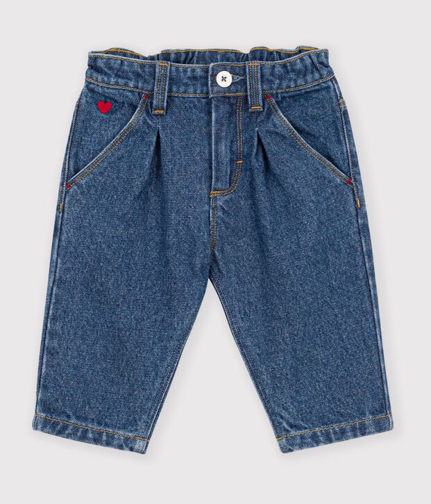 Pantal&oacute;n denim liso con bordado de coraz&oacute;n para beb&eacute; azul