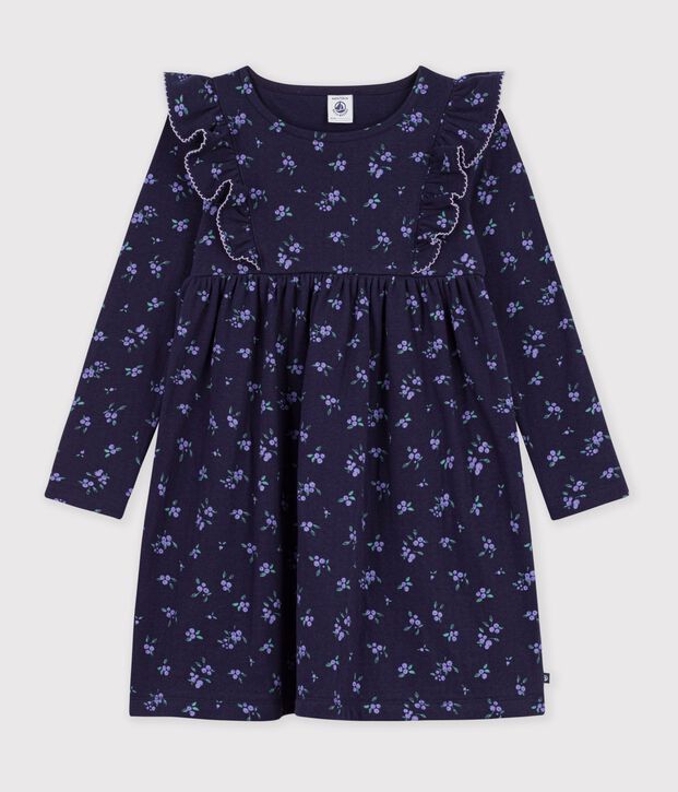 Vestido infantil de manga larga de algod&oacute;n con flores azul/multicolor