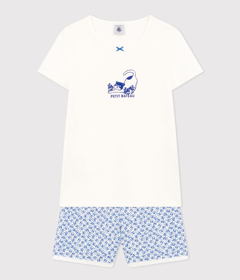 Pijama infantil corto de algod&oacute;n blanco/azul