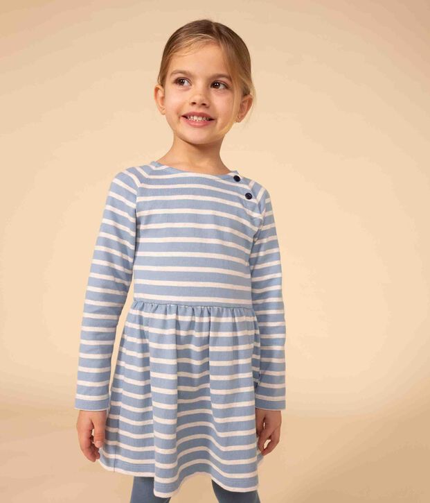 Vestido de manga larga de algod&oacute;n grueso a rayas de ni&ntilde;a azul/beige