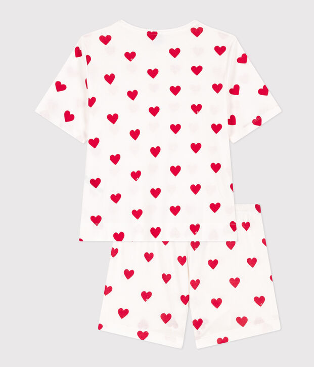 Pijama corto de algod&oacute;n con coraz&oacute;n para mujer blanco/rojo