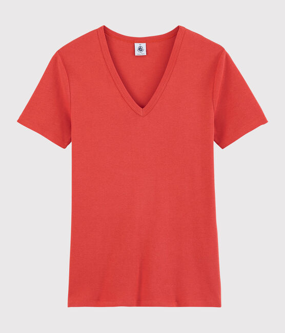 Camiseta de cuello de pico emblemática de algodón de mujer naranja OURSIN