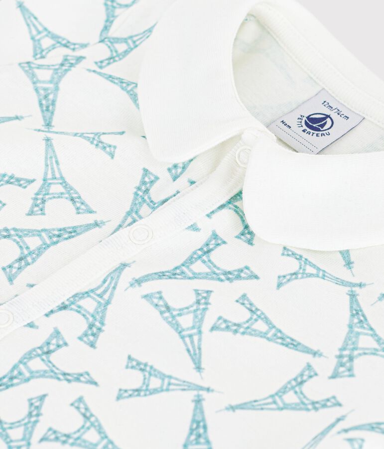 Mono corto de algod&oacute;n con cuello y estampado de torre Eiffel para beb&eacute; blanco/verde