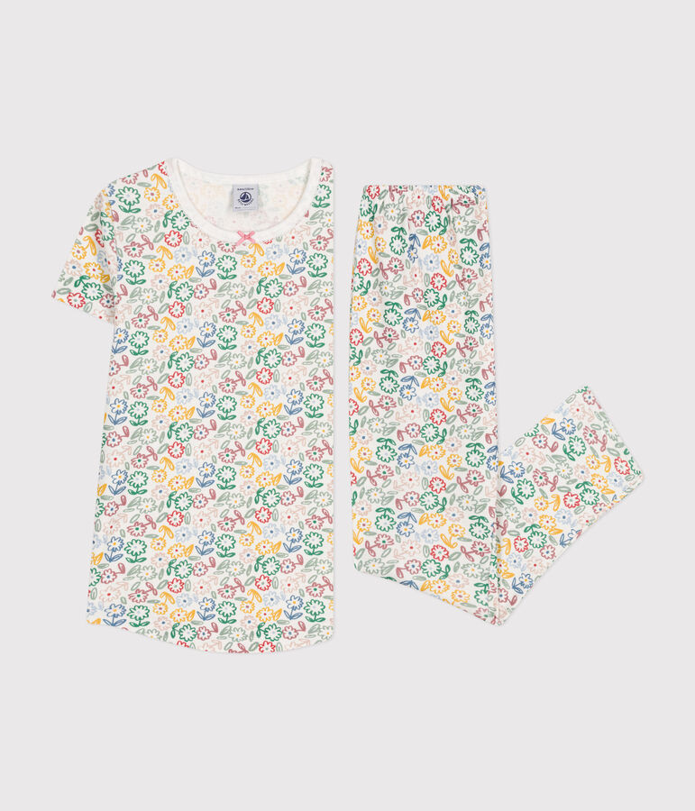 Pijama infantil de algod&oacute;n con estampado de flores blanco/multicolor