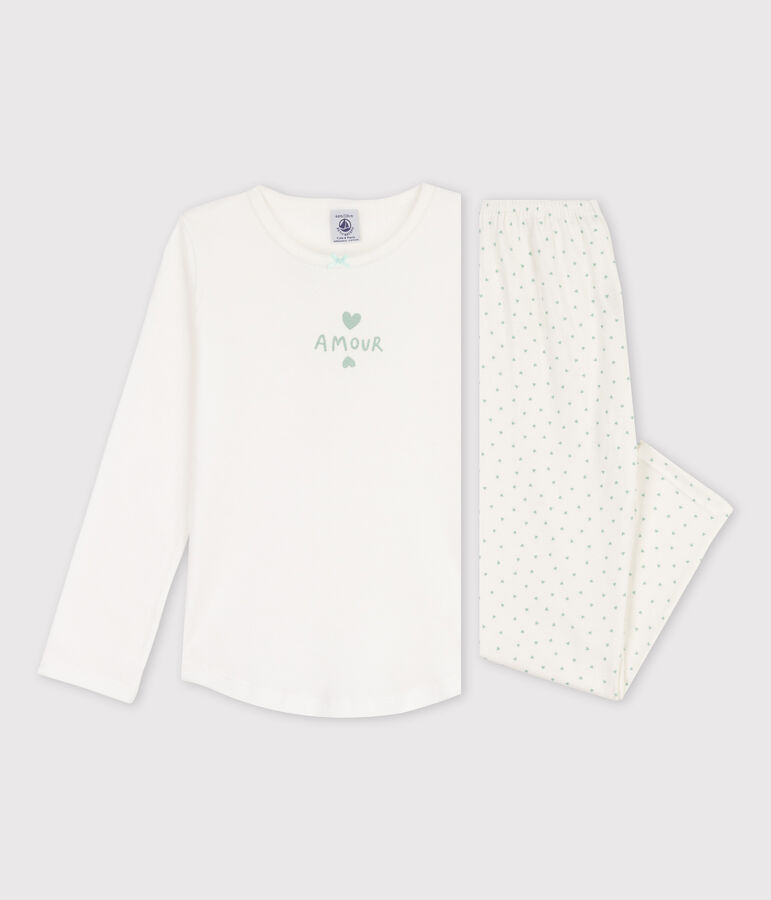 Pijamas de algod&oacute;n con estampado de corazoncitos de ni&ntilde;a blanco/verde