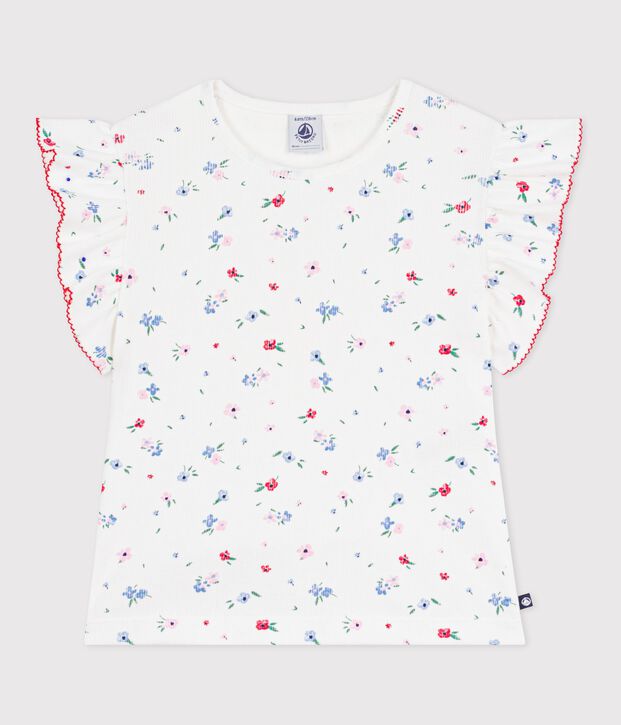 Camiseta infantil de algod&oacute;n de manga corta con estampado de flores blanco/multicolor