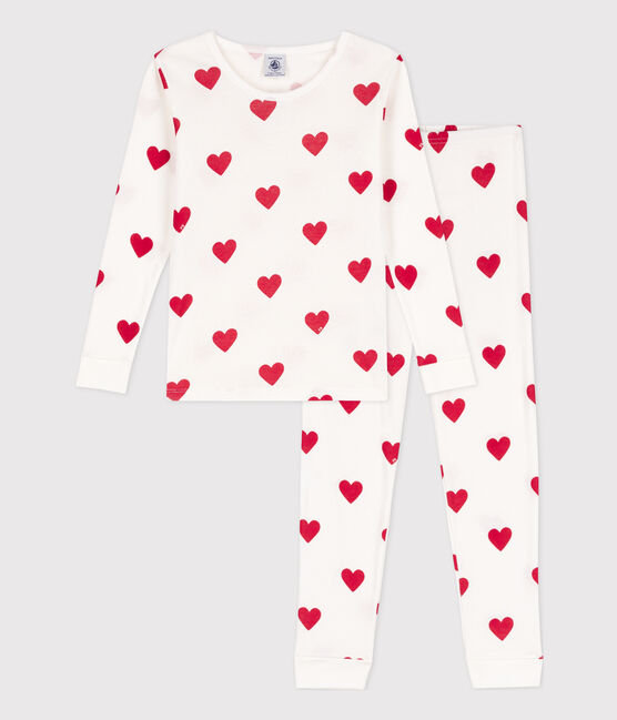 Pijama de algodón ajustado con corazones de niño/niña blanco MARSHMALLOW/rojo TERKUIT