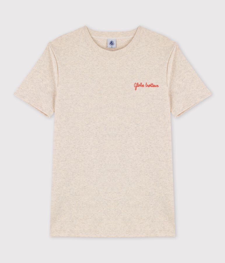 Camiseta para mujer de cuello redondo serigrafiada en algod&oacute;n beige