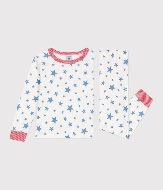 Pijama infantil de algodón con estampado de estrellas blanco MARSHMALLOW/azul ALASKA