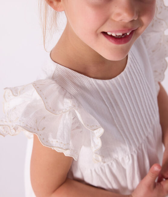 Vestido infantil liso de algodón de manga corta blanco ECUME
