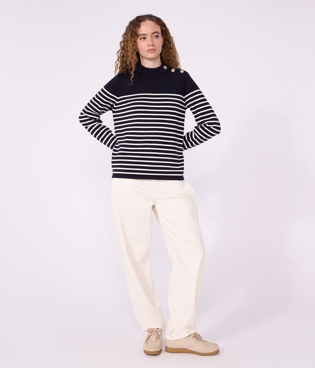 Jersey marinero de lana y algod&oacute;n a rayas para mujer azul/blanco