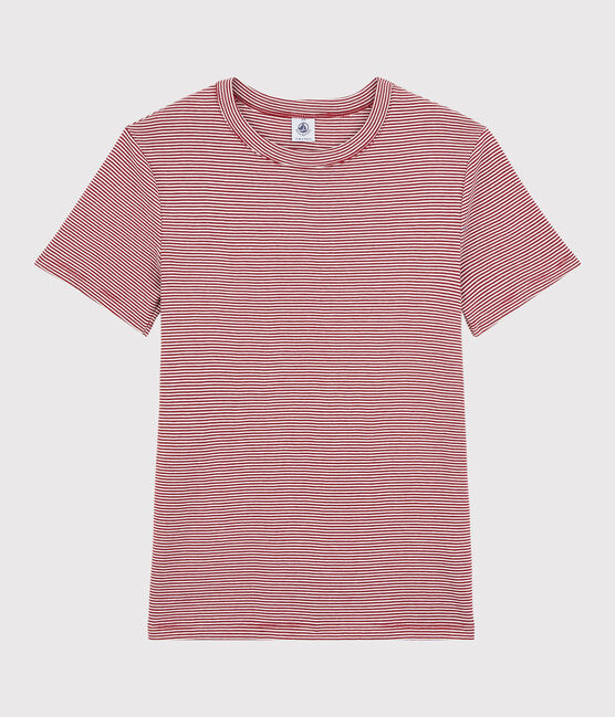 Camiseta de cuello redondo emblemática de algodón a rayas de mujer rojo SANGRIA/ MARSHMALLOW