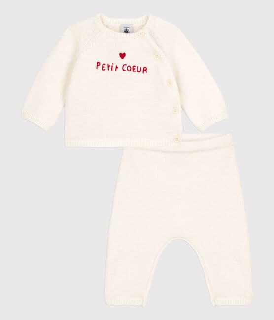Conjunto de 2 prendas de punto tricotado de lana y algodón para bebé blanco MARSHMALLOW