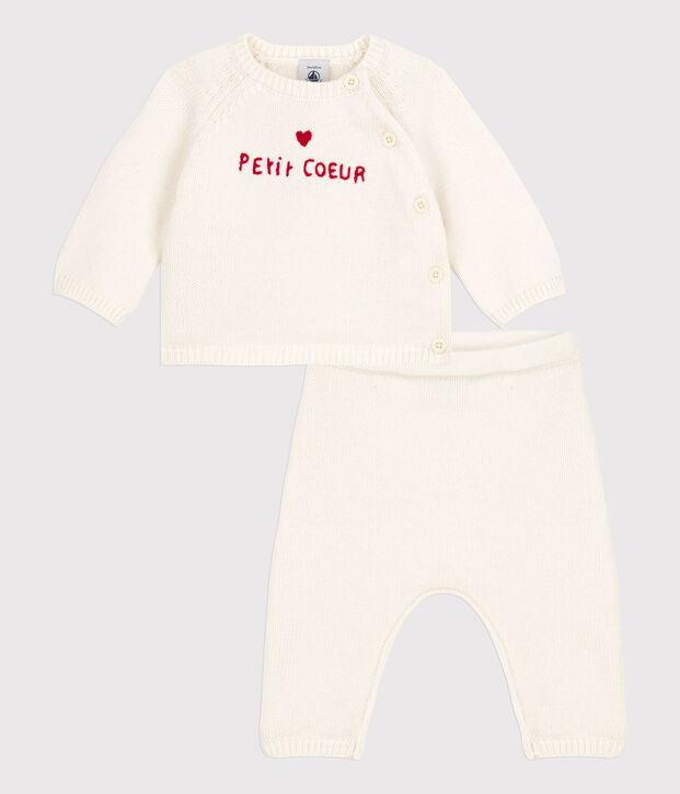 Conjunto de 2 prendas de punto tricotado de lana y algod&oacute;n para beb&eacute; blanco