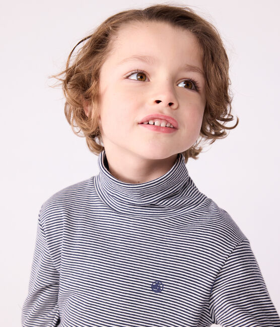 Prenda de cuello cisne a rayas de algodón de niña/niño azul SMOKING/blanco MARSHMALLOW