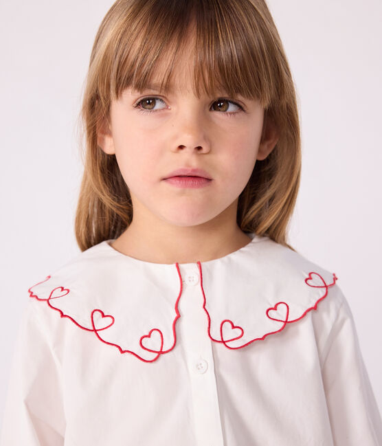 Blusa infantil lisa de manga larga de popelina de algodón blanco ECUME
