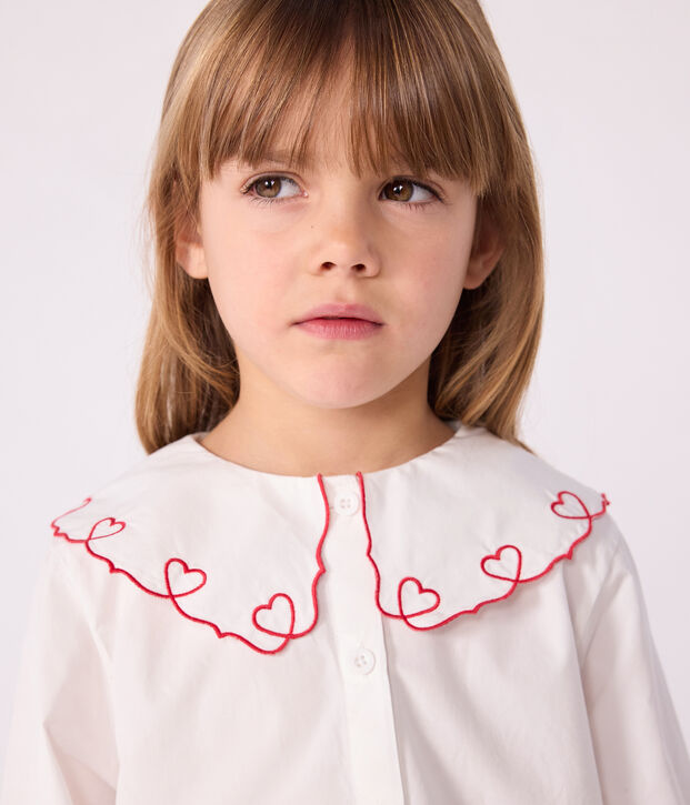 Blusa infantil lisa de manga larga de popelina de algod&oacute;n blanco