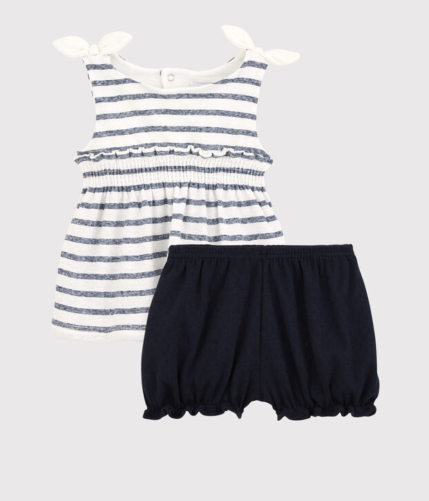 Conjunto de blusa + braguitas bloomer de algod&oacute;n/lino de beb&eacute; ni&ntilde;a blanco/azul