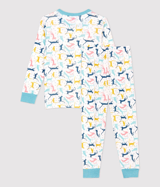 Pijama con estampado de gatos de niña/niño de algodón y lyocell blanco MARSHMALLOW/blanco MULTICO