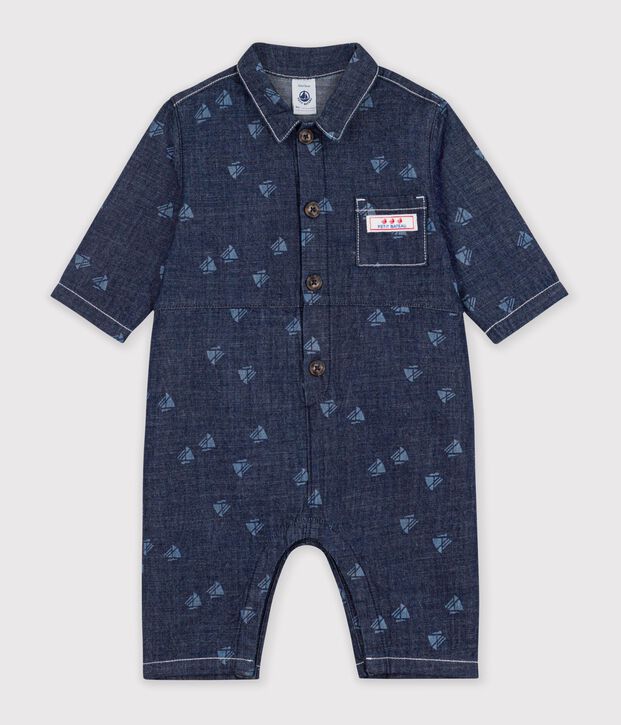 Mono largo de tejido denim con estampado de barcos para beb&eacute; azul/crudo