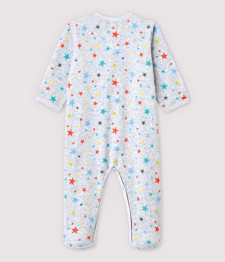 Pijama enterizo gris jaspeado con estrellas de terciopelo de beb&eacute; ni&ntilde;a gris/multicolor