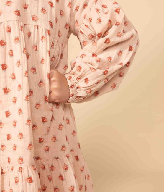 Vestido de manga larga de gasa de algodón con flores de niña rosa SALINE/blanco MULTICO