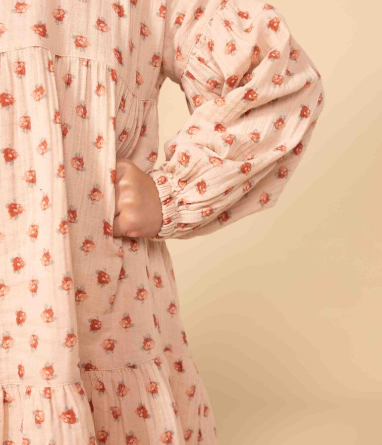 Vestido de manga larga de gasa de algod&oacute;n con flores de ni&ntilde;a rosa/multicolor