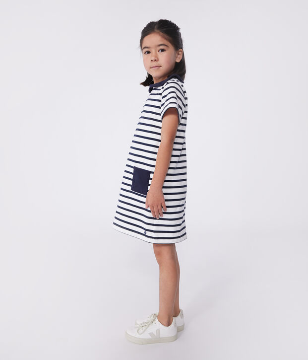 Vestido infantil de algod&oacute;n de manga corta blanco/azul