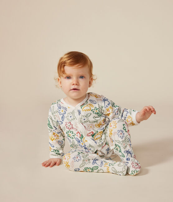 Pijama de terciopelo con estampado de flores para bebé blanco MARSHMALLOW/blanco MULTICO