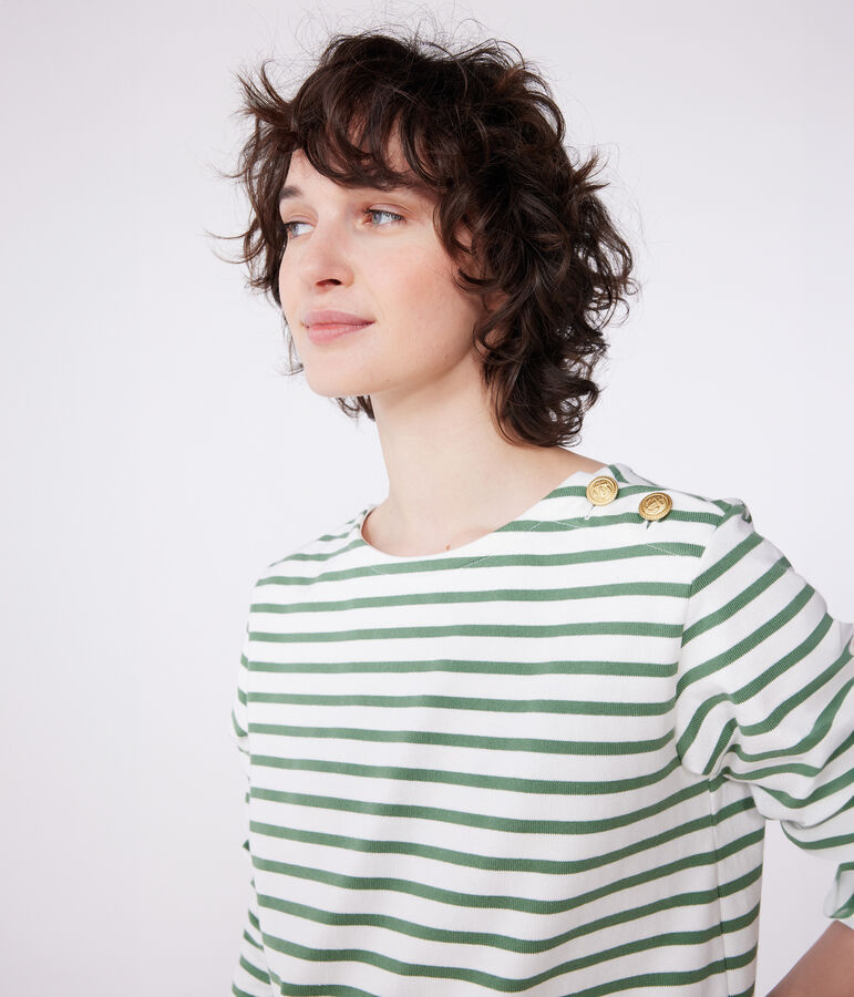 Marinera de algod&oacute;n de manga larga para mujer blanco/verde