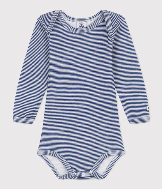 BODY DE MANGA LARGA DE LANA Y ALGODÓN A RAYAS PARA BEBÉ azul MEDIEVAL/blanco MARSHMALLOW