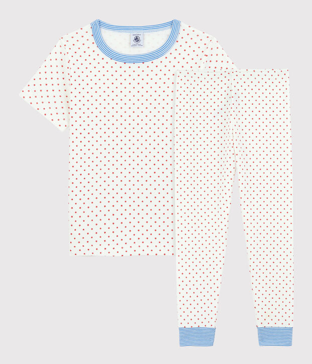 Pijama de manga corta con estrellas rojas de algod&oacute;n org&aacute;nico de ni&ntilde;o blanco/rojo