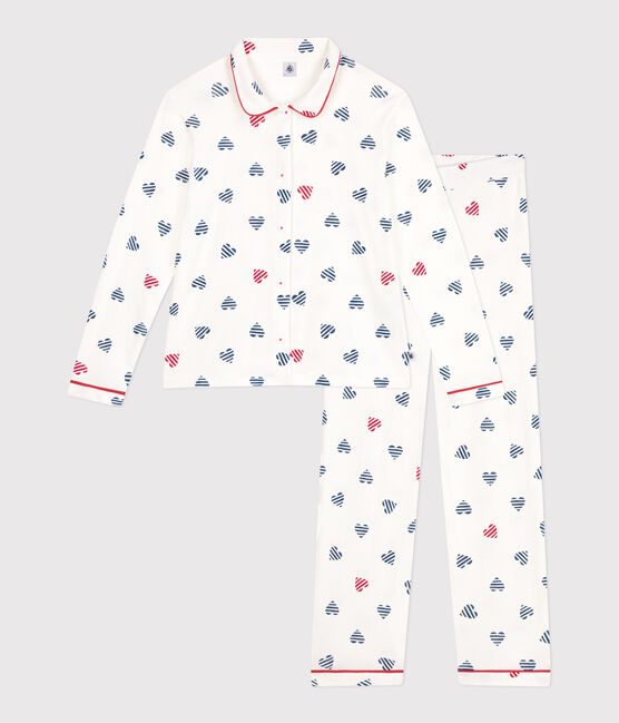 Pijama de mujer de algodón abotonado con estampado de corazones blanco MARSHMALLOW/blanco MULTICO