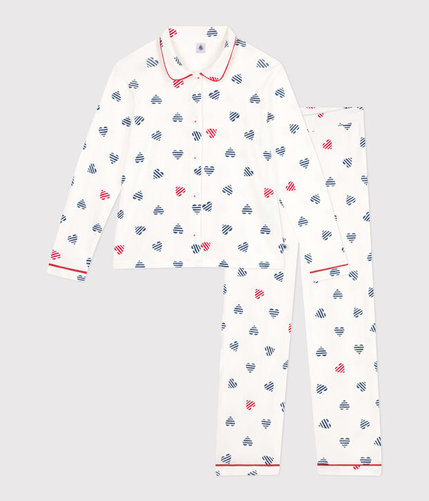 Pijama de mujer de algod&oacute;n abotonado con estampado de corazones blanco/multicolor