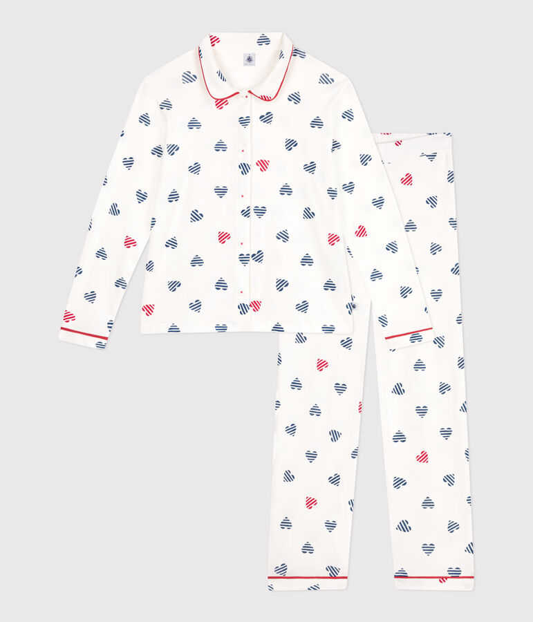Pijama de mujer de algod&oacute;n abotonado con estampado de corazones blanco/multicolor