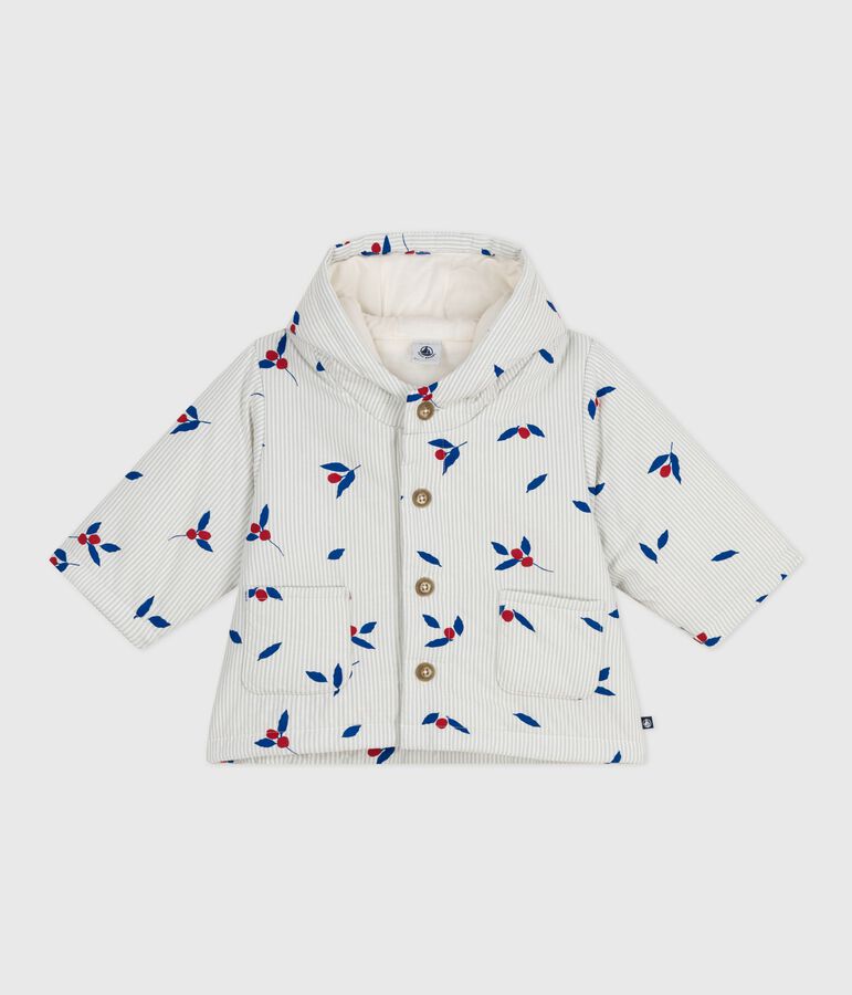 Abrigo de popelina enguatada con capucha y estampado de fruto para beb&eacute; azul/multicolor