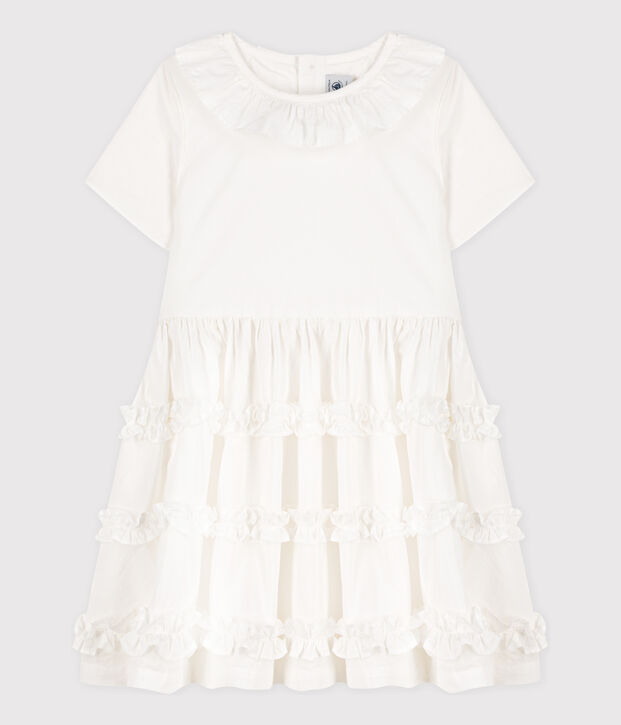 Vestido de popelina de manga corta para ni&ntilde;a blanco