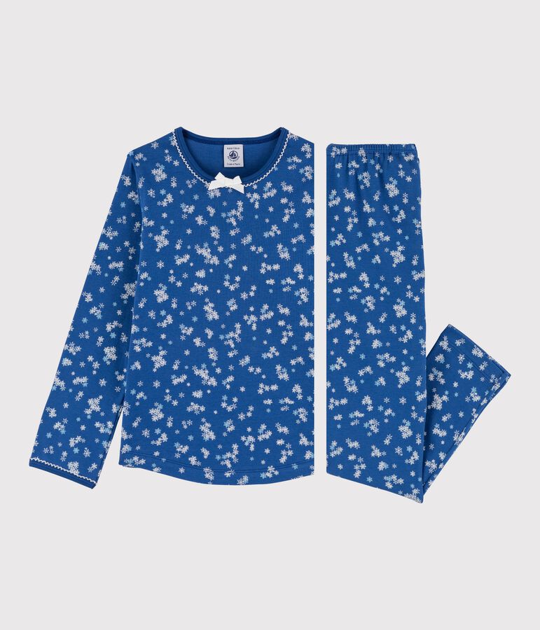 Pijama de punto para ni&ntilde;a con estampado de copos de nieve azul MAJOR/blanco ECUME