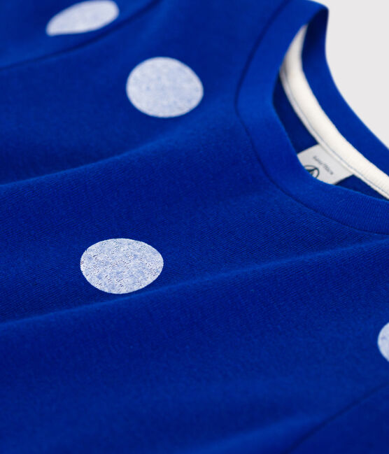 Camiseta de manga corta de algodón/lino de niña azul SURF/blanco MARSHMALLOW