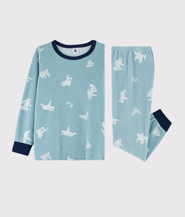 Pijama con estampado de yeti de terciopelo para ni&ntilde;o peque&ntilde;o azul/blanco