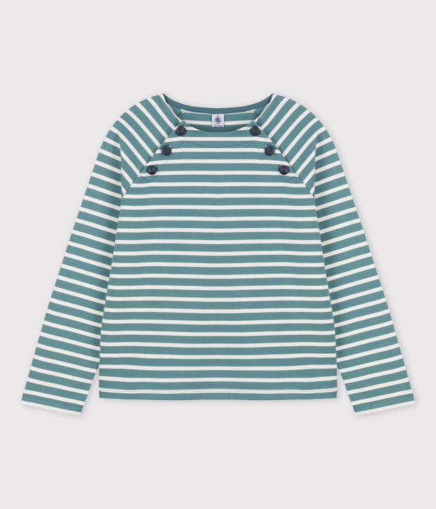 Jersey abotonado de algod&oacute;n de mujer verde/crudo