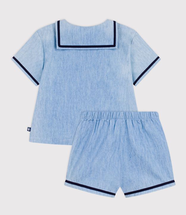 Conjunto de 2 piezas de chambray con camiseta con cuello de uniforme para beb&eacute; azul
