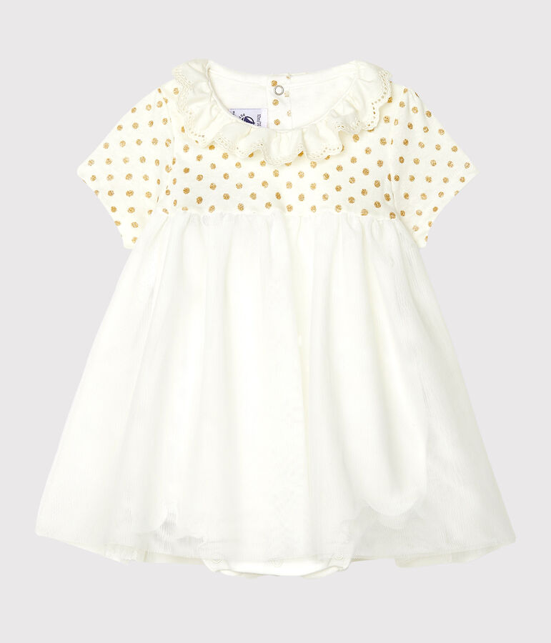 Vestido-bodi de algod&oacute;n de lino para beb&eacute; ni&ntilde;a blanco/amarillo