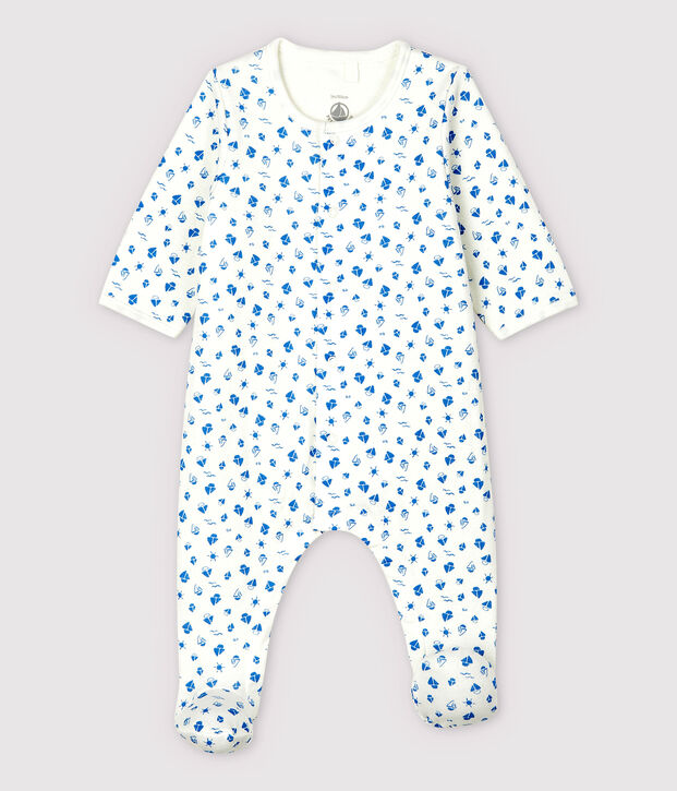 Bodyjama con estampado de barcos de beb&eacute; en tejido tubular de algod&oacute;n ecol&oacute;gico blanco/azul