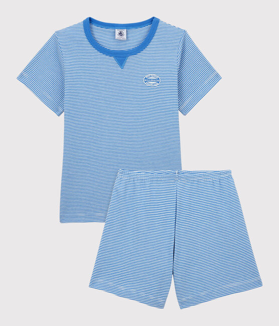 Pijama corto a rayas de niño de algodón azul BRASIER/gris MARSHMALLOW