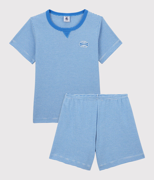 Pijama corto a rayas de ni&ntilde;o de algod&oacute;n azul/blanco