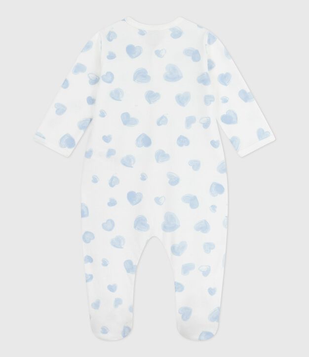 Pijama de felpa cepillada con cuello estampado de corazones para beb&eacute; blanco/azul