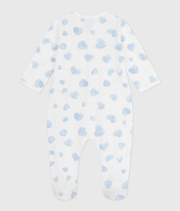 Pijama de felpa cepillada con cuello estampado de corazones para beb&eacute; blanco/azul
