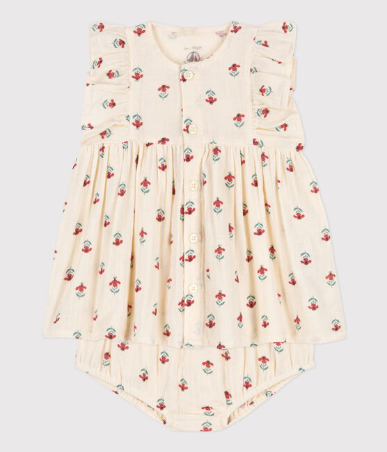 Vestido y bloomer estampados de gasa de algodón para bebé blanco AVALANCHE/ MULTICO